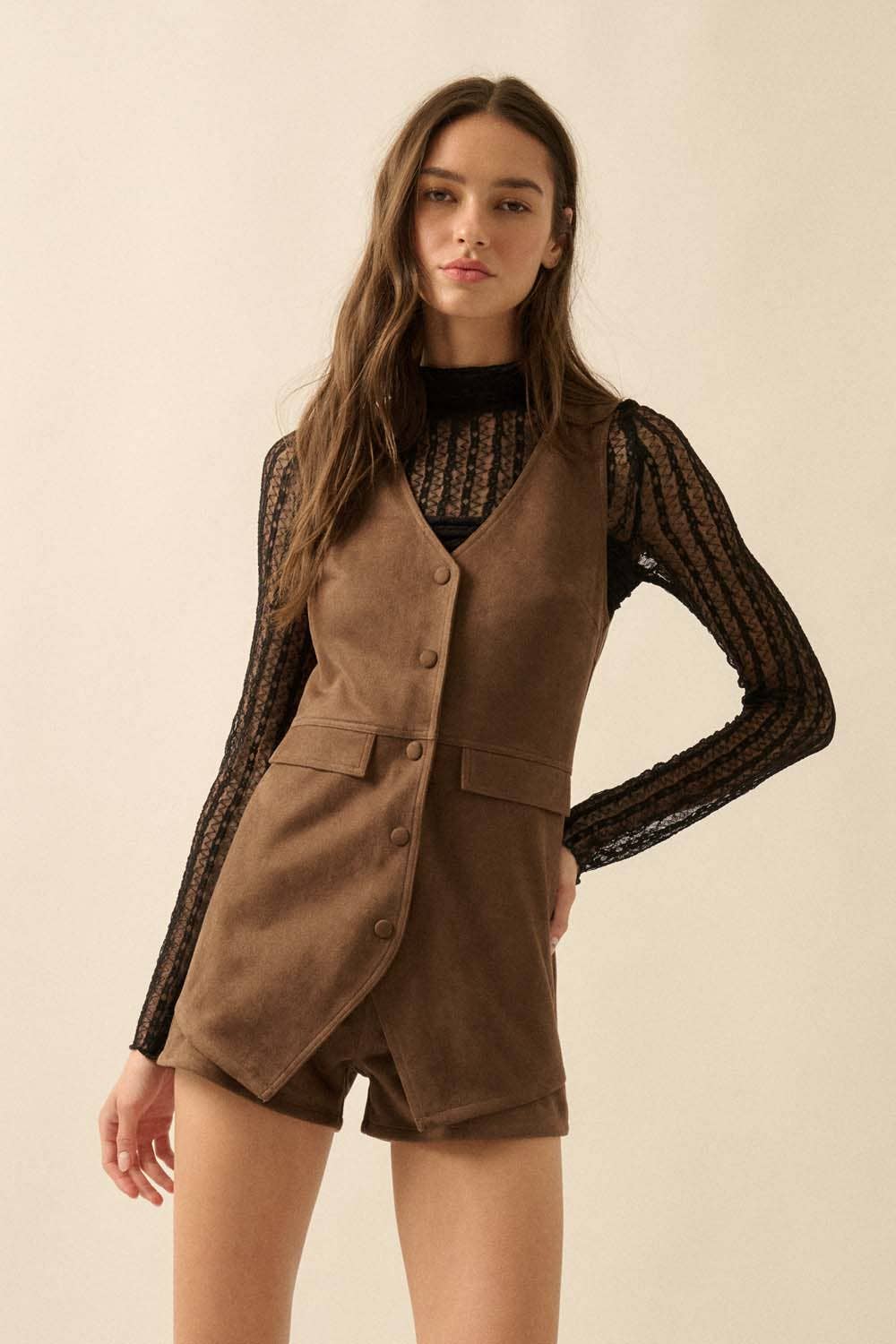Suede Sleeveless Front Vest Romper