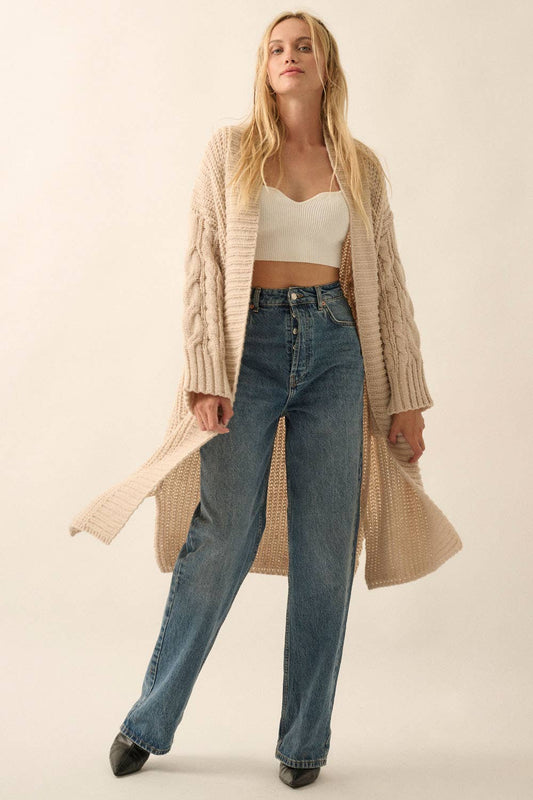 Solid Rib Knit Open Front Cable Knit Cardigan