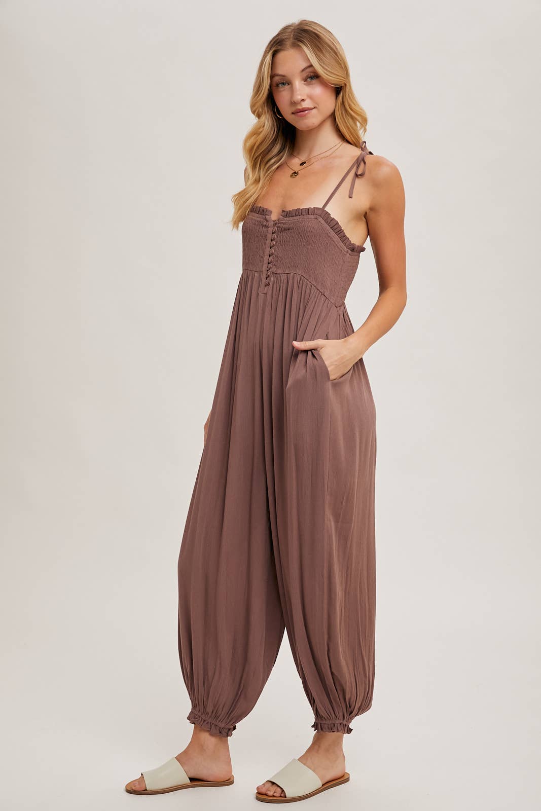 Gauze Smocked Front Button Jumpsuit