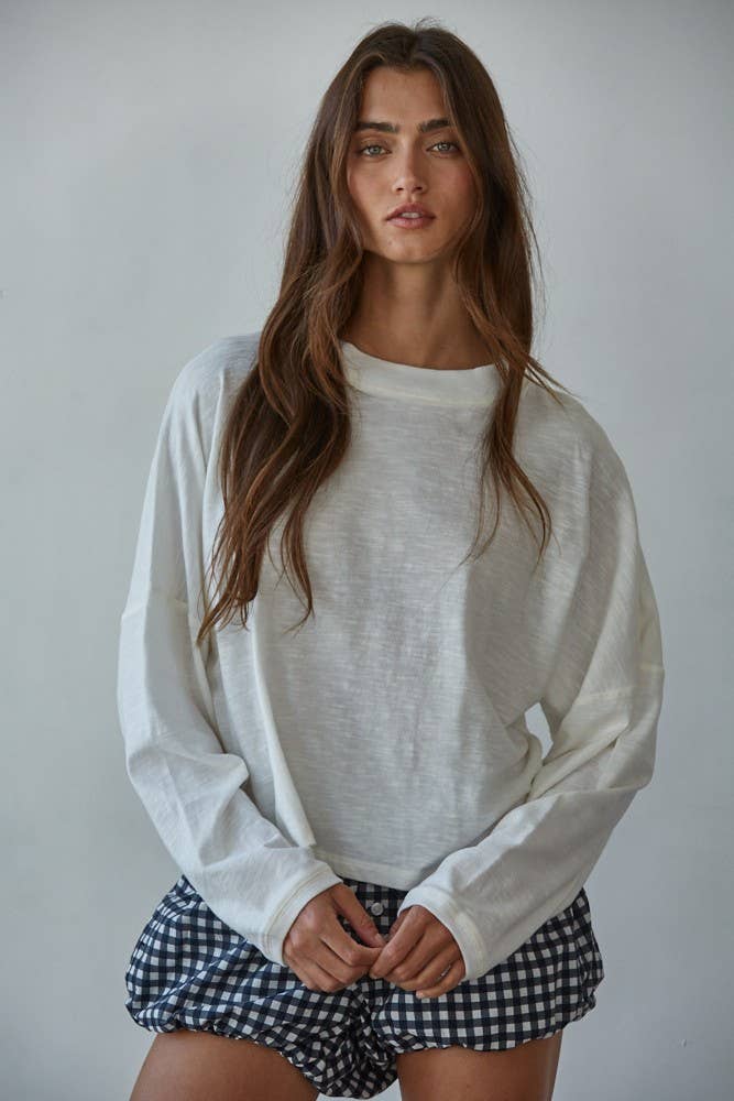 Knit Cotton Mock Neck Long Wide Sleeve Top