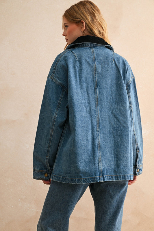 Corduroy Collar Denim Utility Jacket