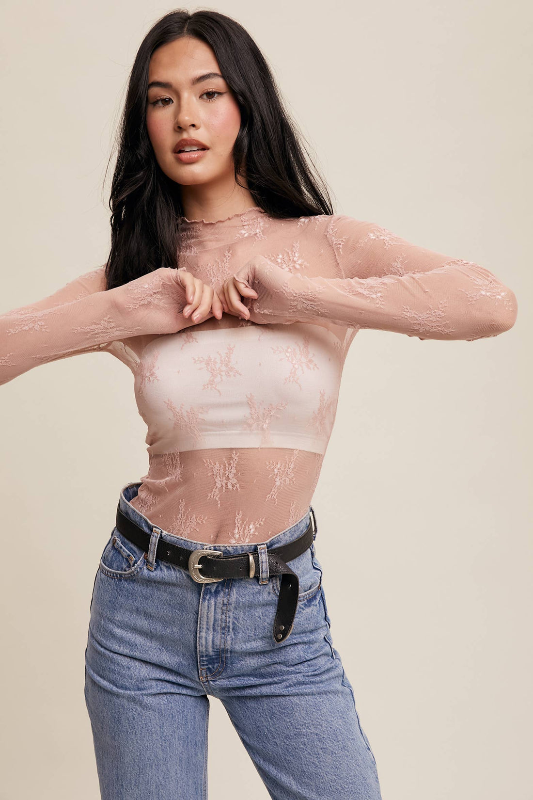 Sheer Lace Long-Sleeve Top