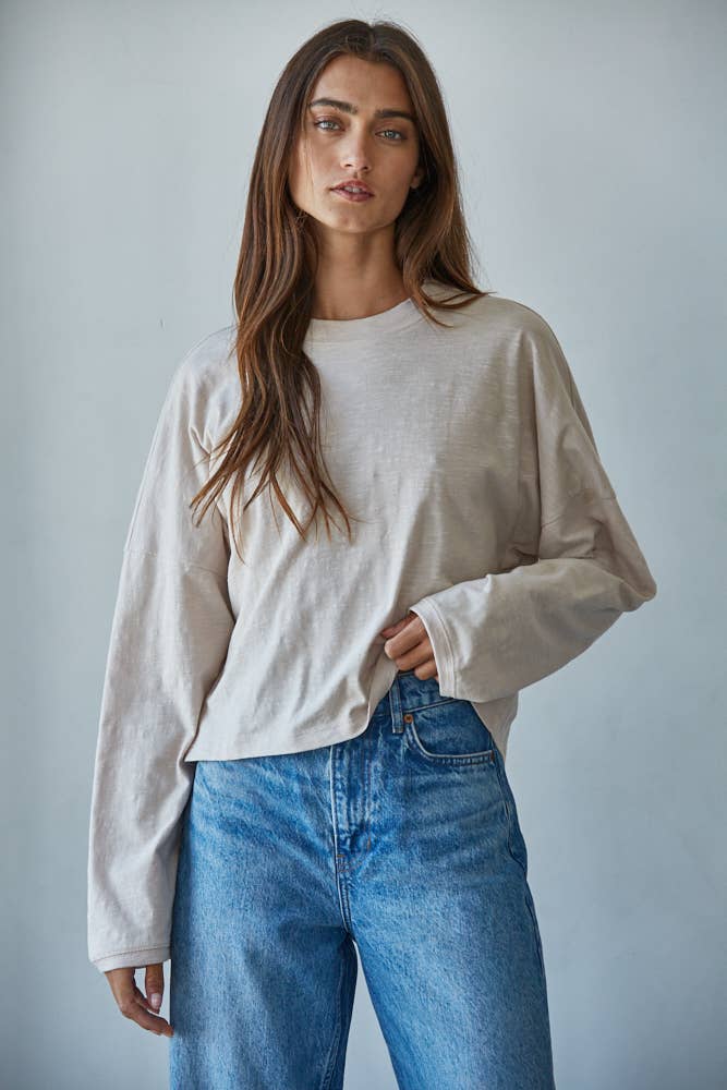 Knit Cotton Mock Neck Long Wide Sleeve Top