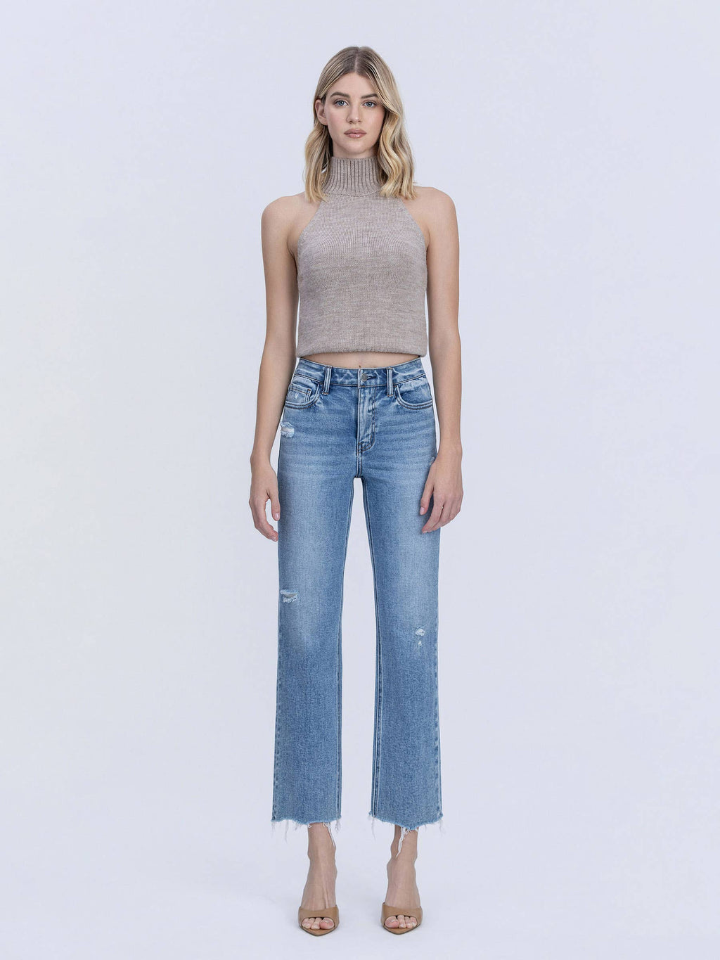 HIGH RISE DISTRESSED DETAIL ANKLE STRAIGHT JEANS