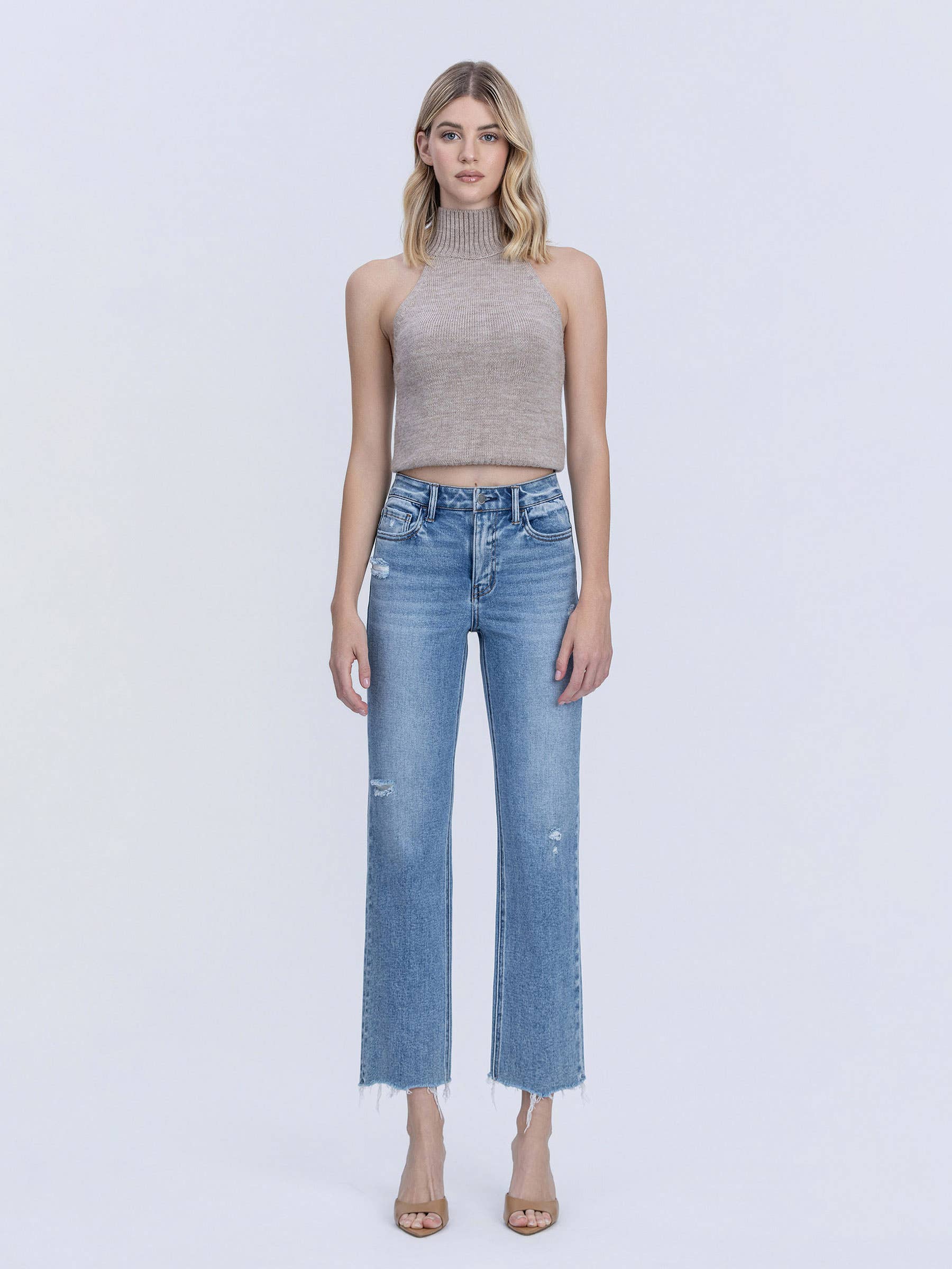 HIGH RISE DISTRESSED DETAIL ANKLE STRAIGHT JEANS