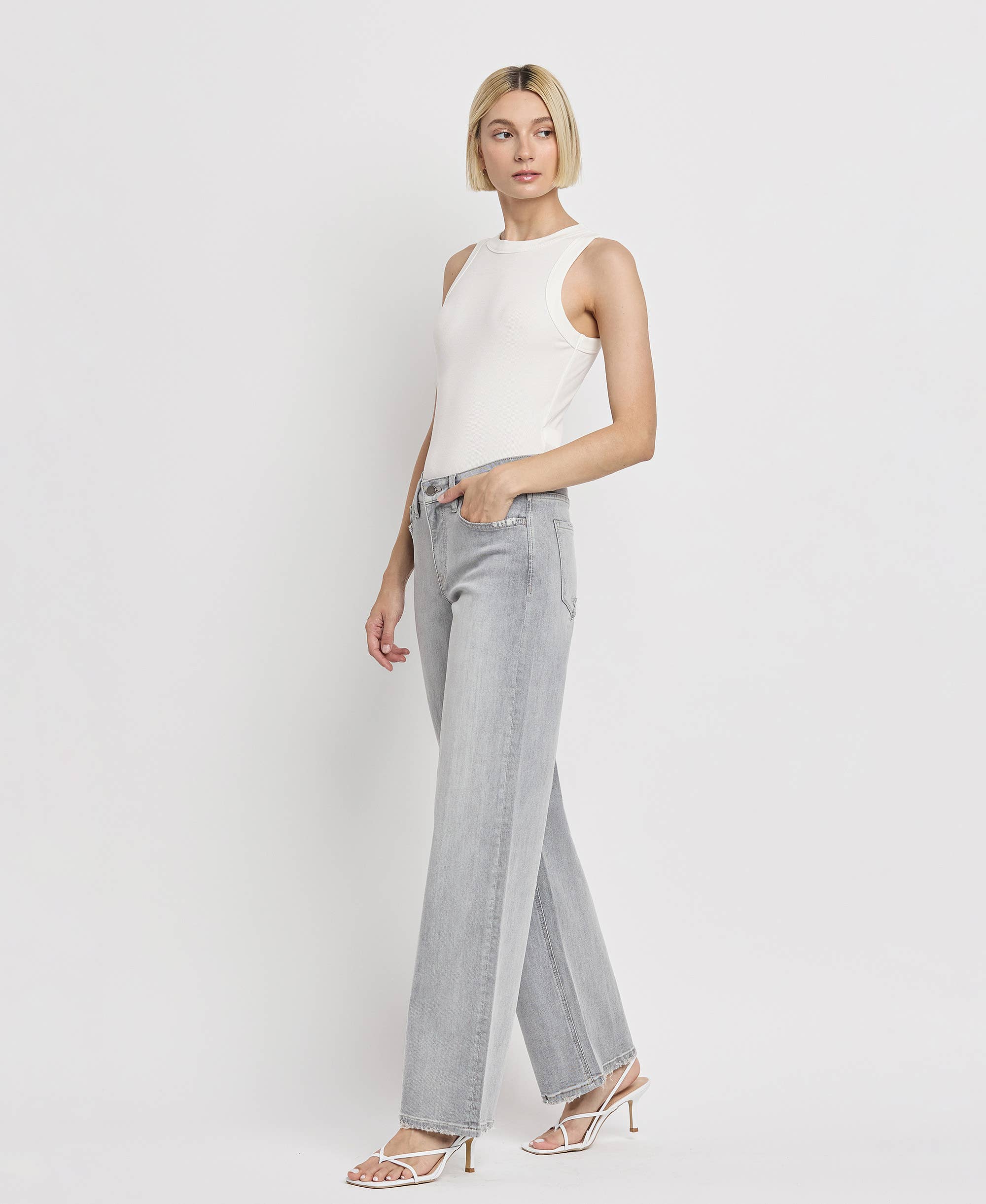 HIGH RISE LIGHT GREY WIDE LEG JEANS