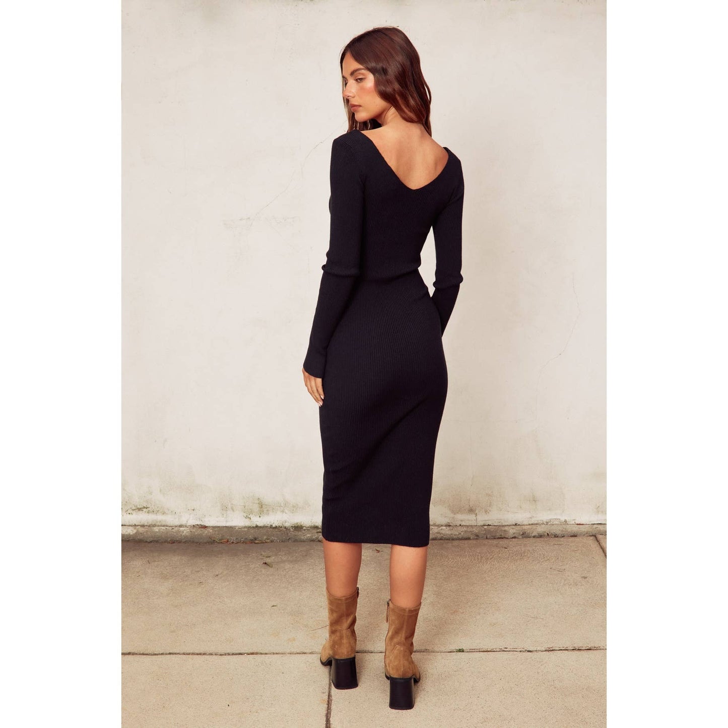 V Neck Slit Midi Sweater Dress