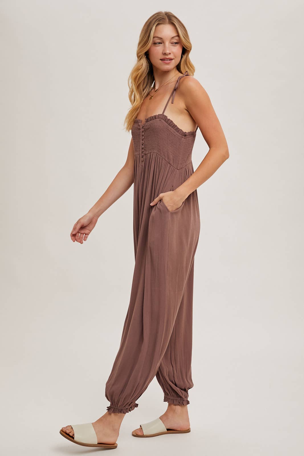 Gauze Smocked Front Button Jumpsuit