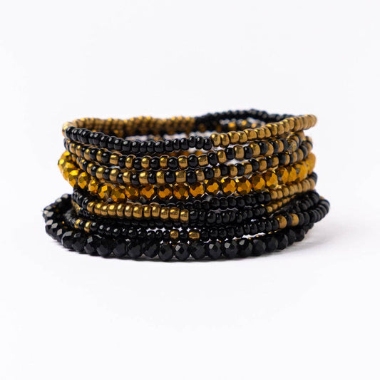 Game Day Beaded 10 Strand Stretch Bracelet Set Black + Gold
