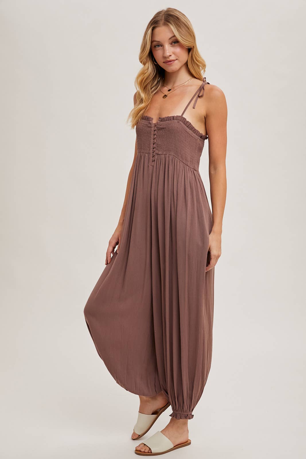 Gauze Smocked Front Button Jumpsuit