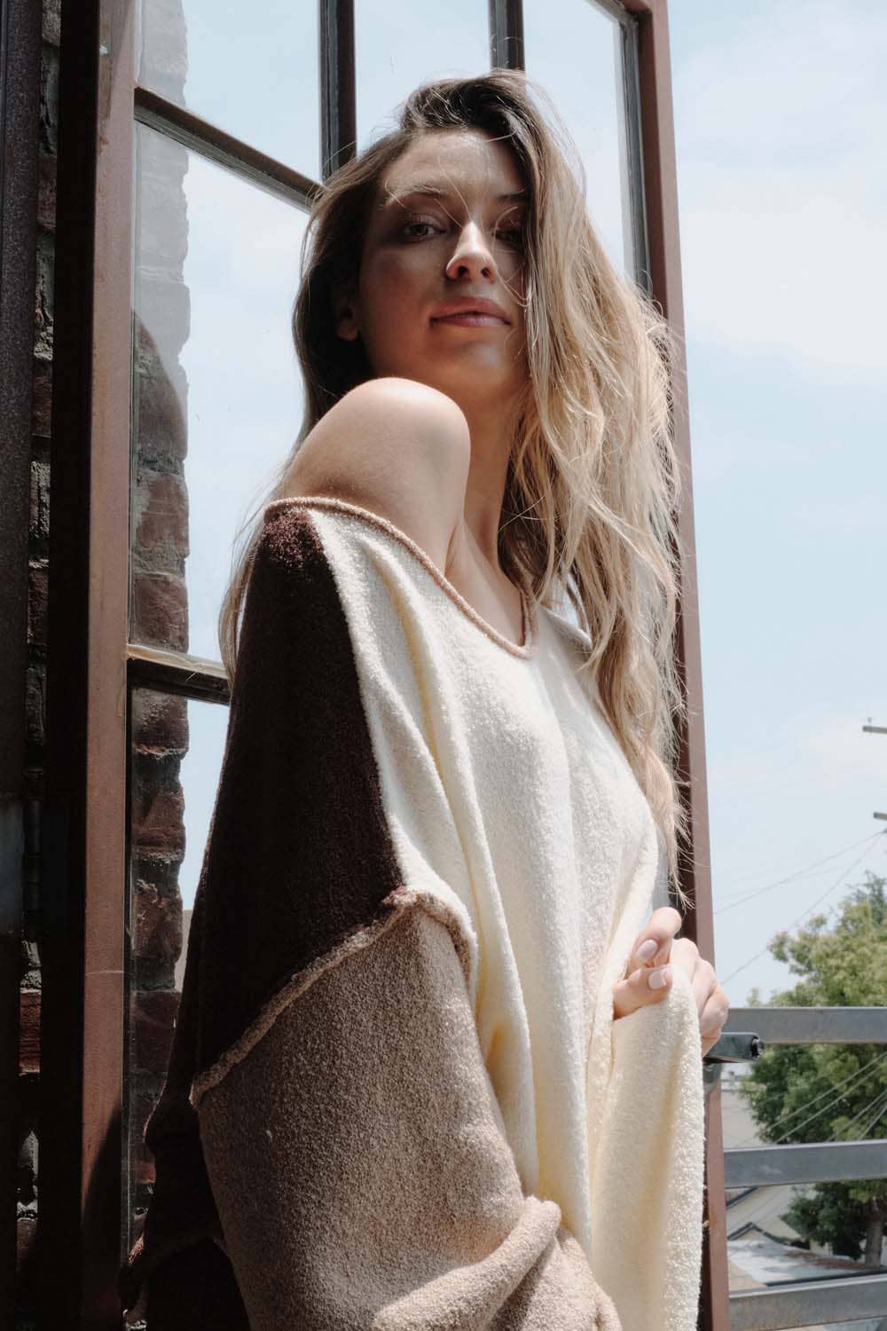 Colorblock Knit Rolled-Edge Sweater