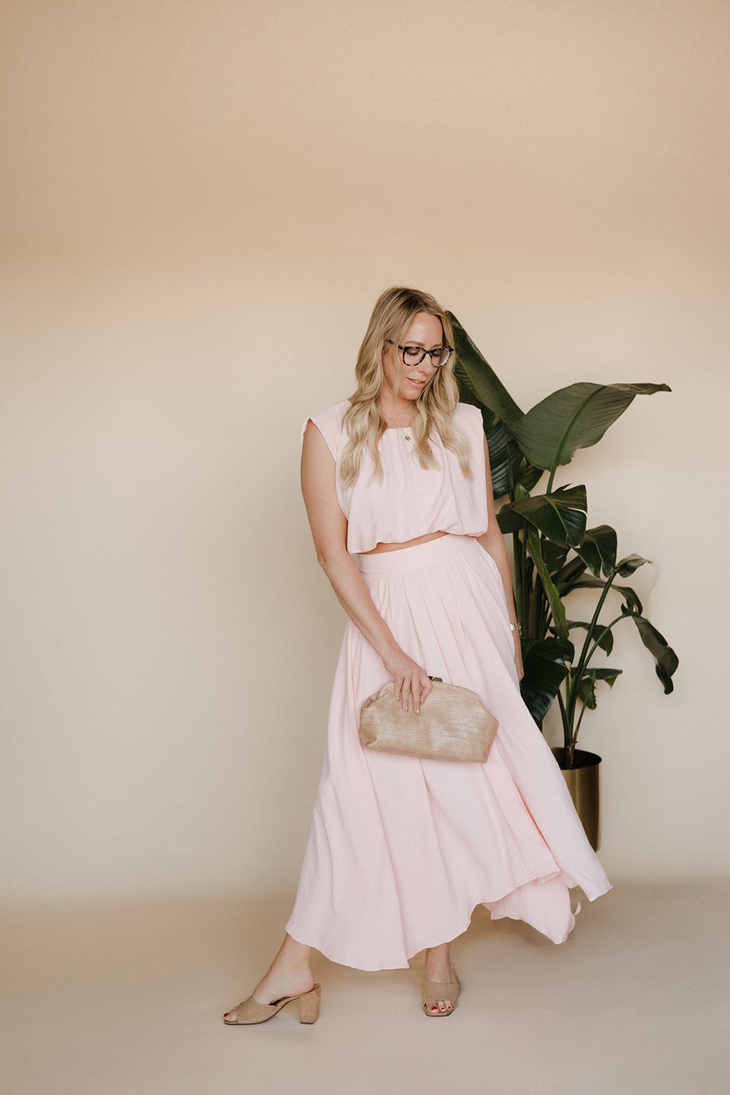 Ballon crop Pleated Midi Skirt Set