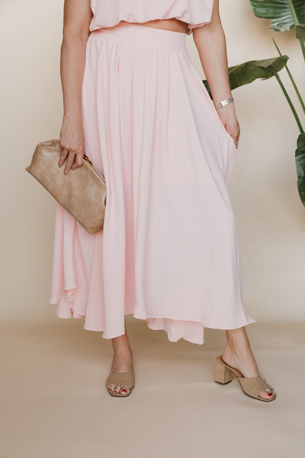 Ballon crop Pleated Midi Skirt Set