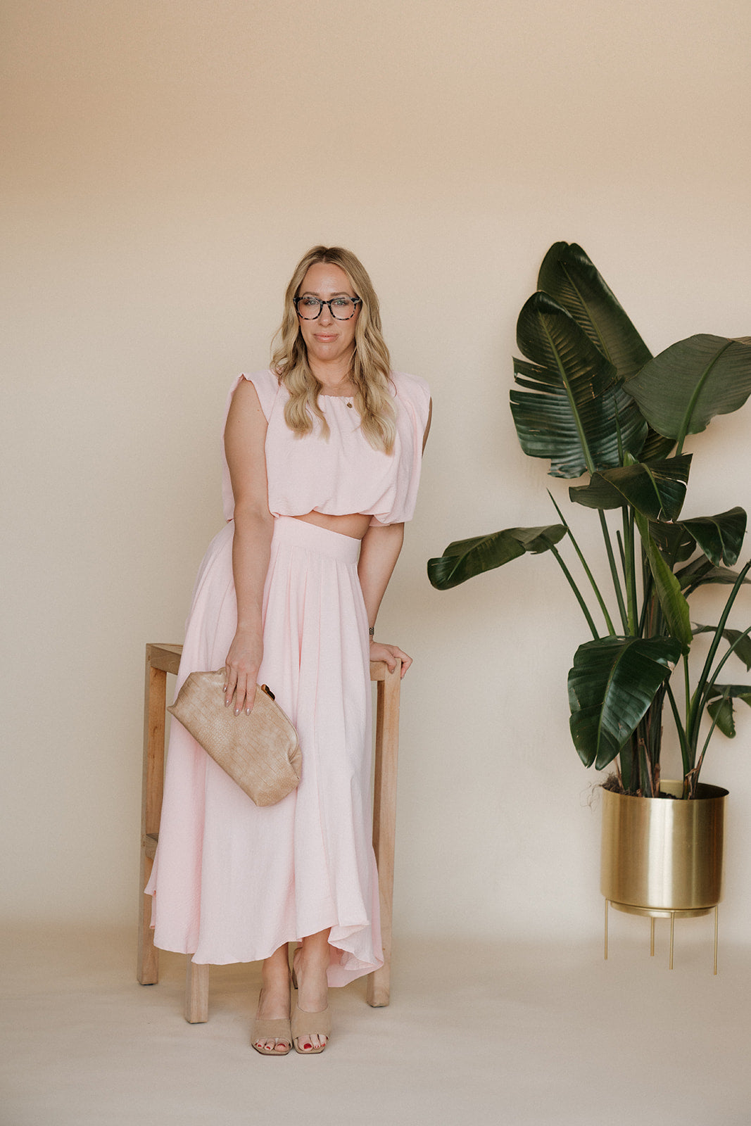 Ballon crop Pleated Midi Skirt Set