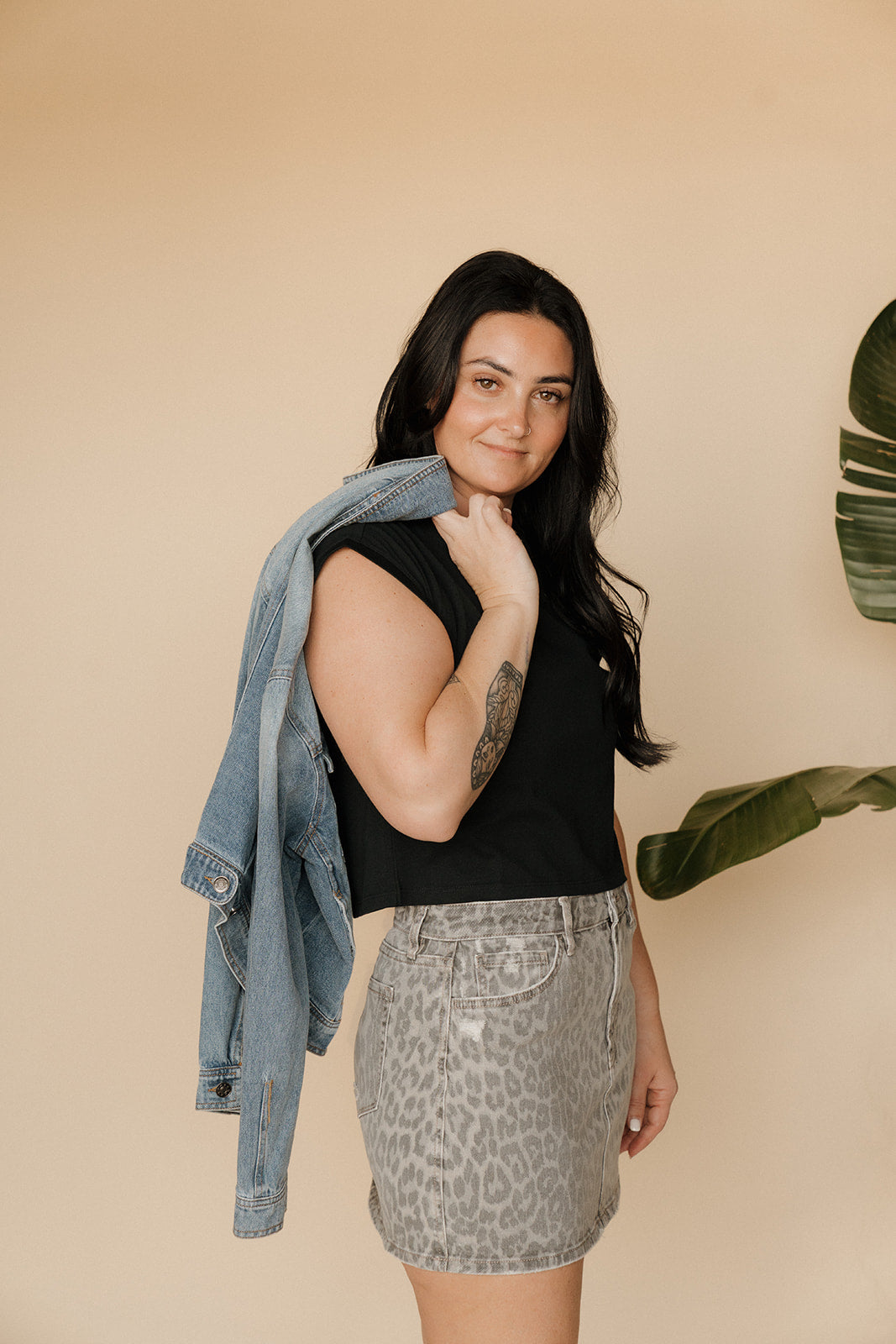 High Rise Grey Leopard Print Mini Skirt