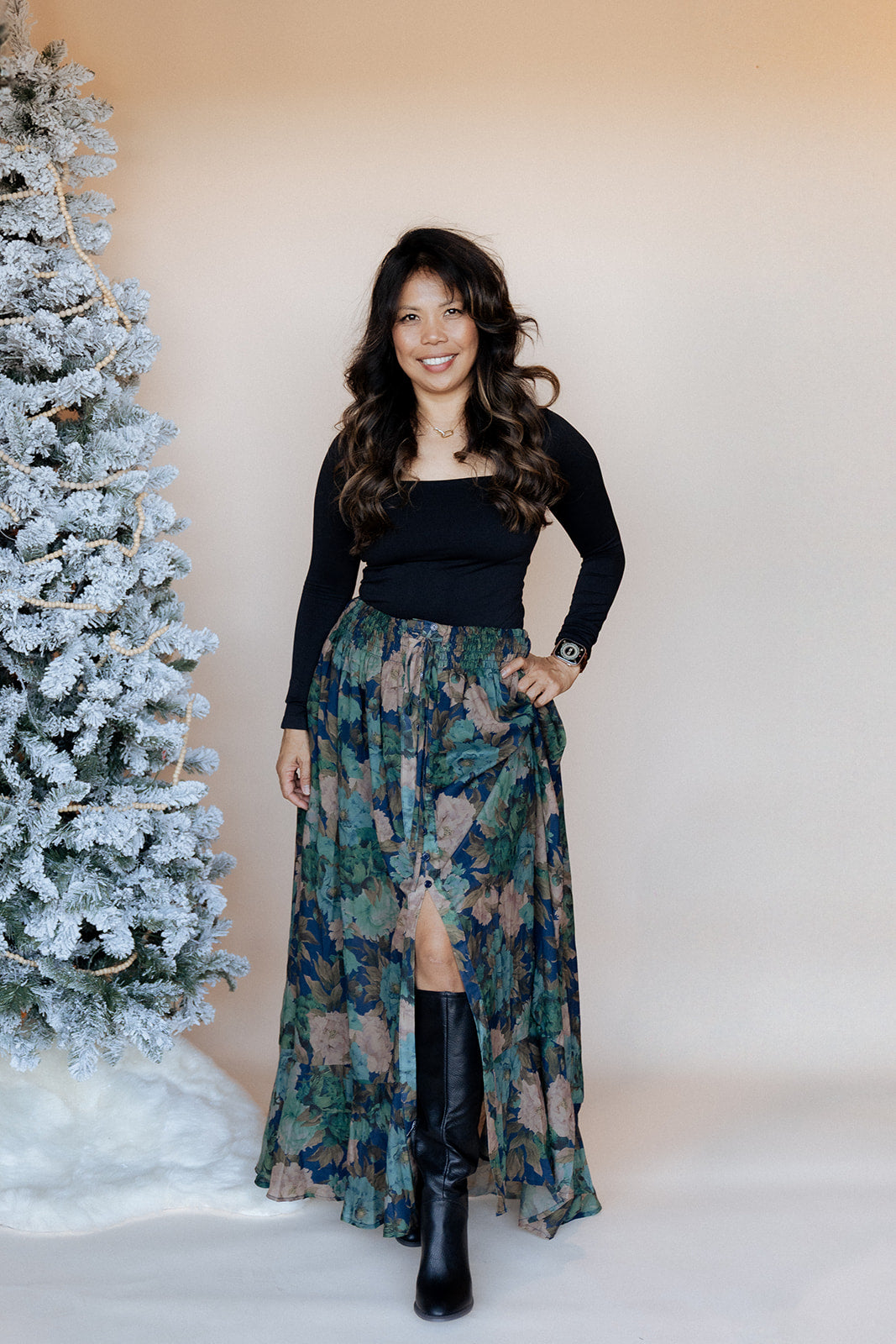 Pretty  Floral Button-Front Maxi Skirt