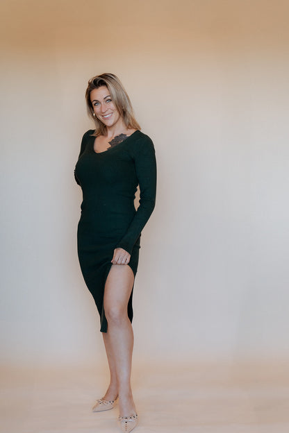 V Neck Slit Midi Sweater Dress