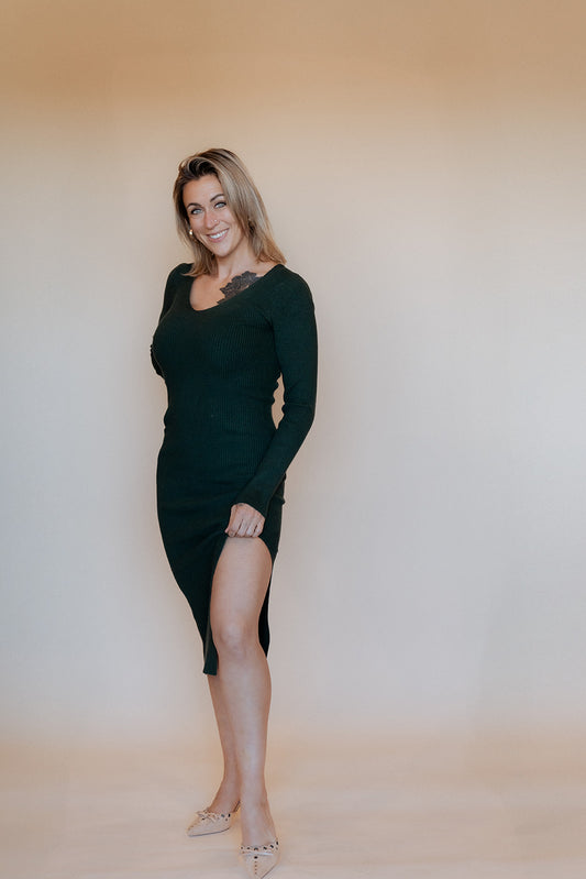 V Neck Slit Midi Sweater Dress