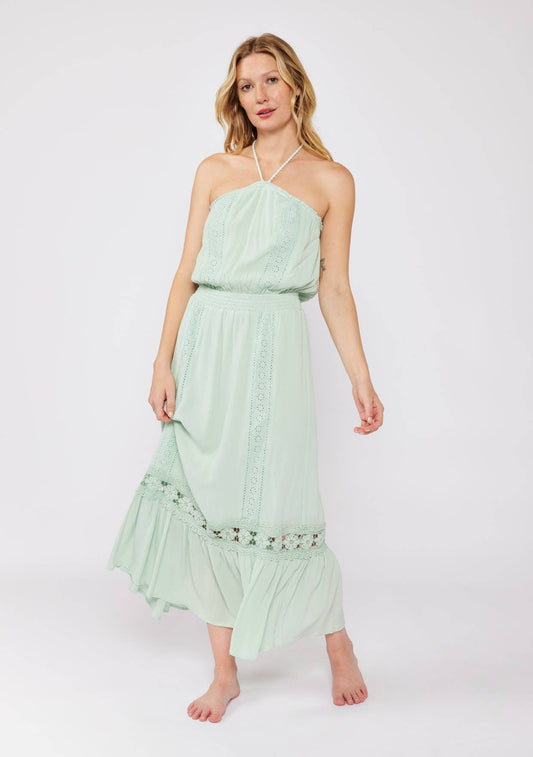 Eyelet Embroidered Smocked Halter Maxi Dress