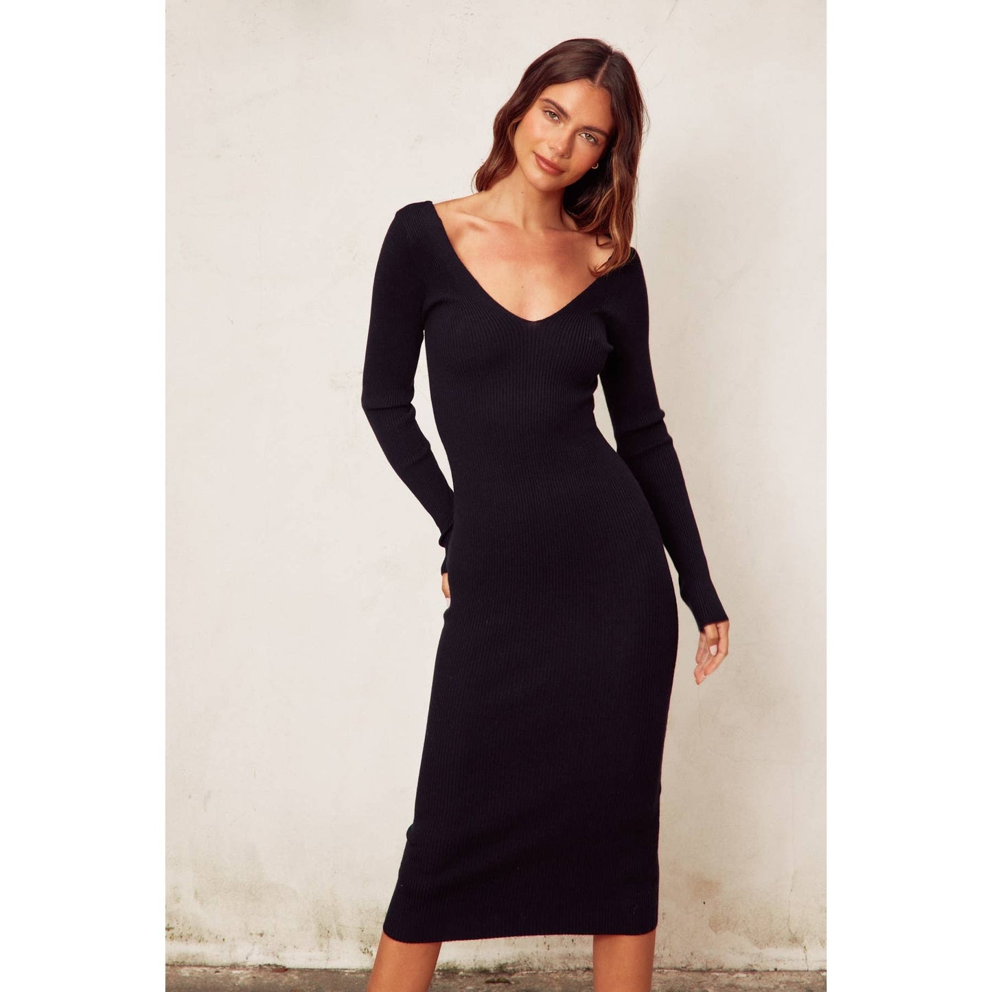 V Neck Slit Midi Sweater Dress
