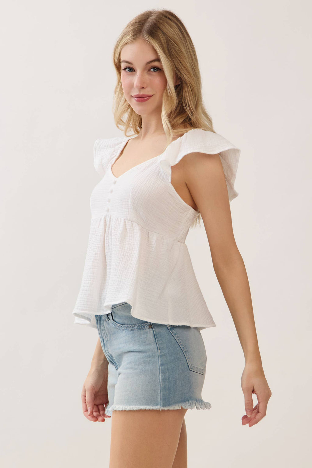 Double Gauze Sleeve Ruffled Babydoll Top