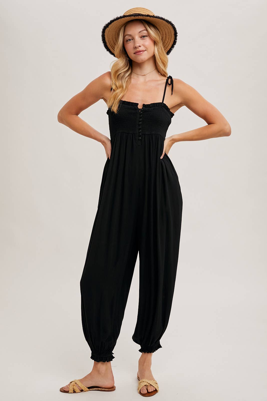 Gauze Smocked Front Button Jumpsuit