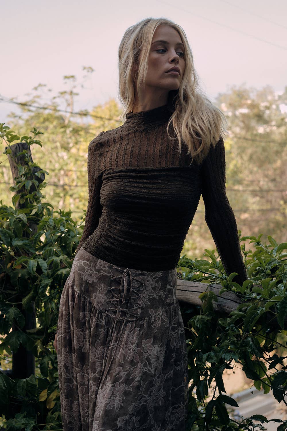 Floral Lace Ruched Mock-Neck Bodysuit