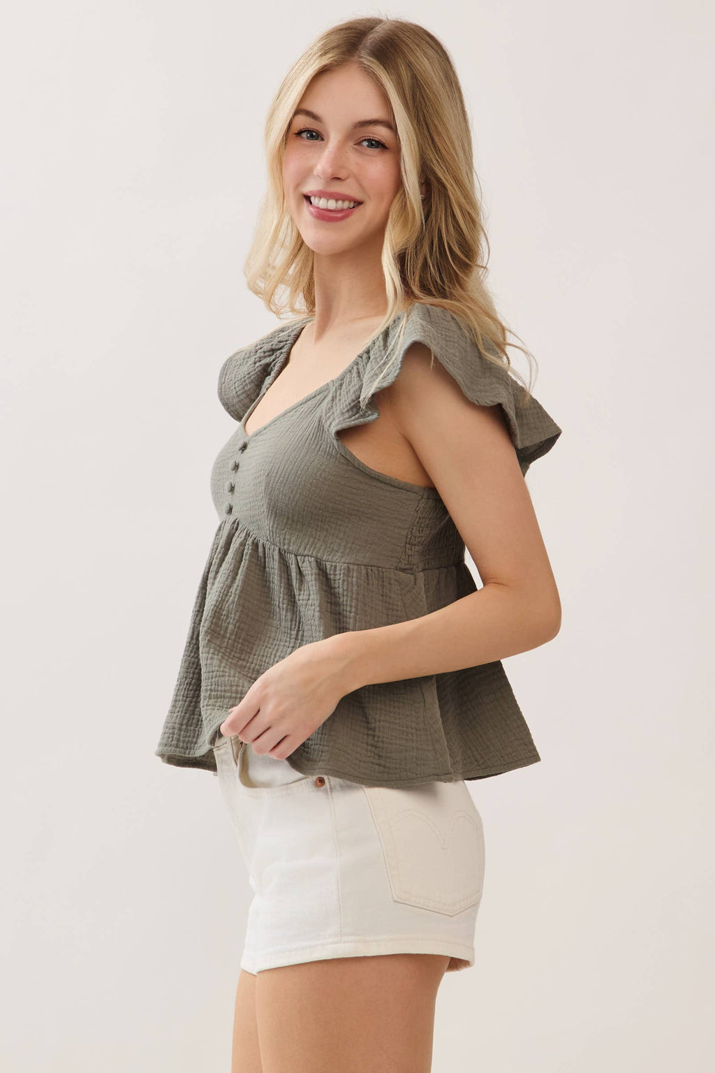 Double Gauze Sleeve Ruffled Babydoll Top