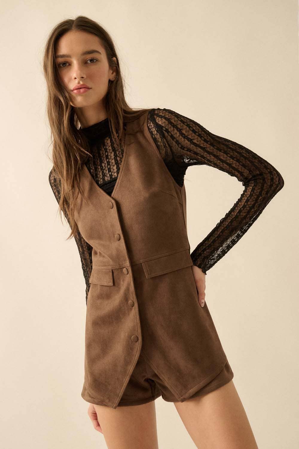 Suede Sleeveless Front Vest Romper