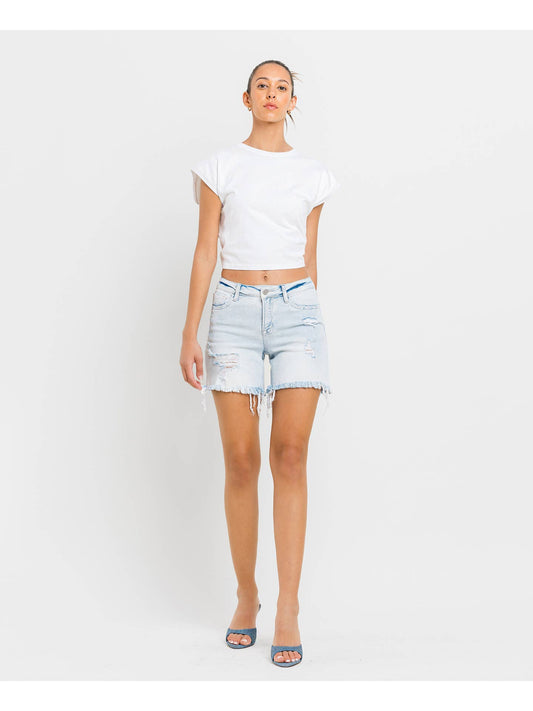 Midi Rise Light Wash Denim Shorts
