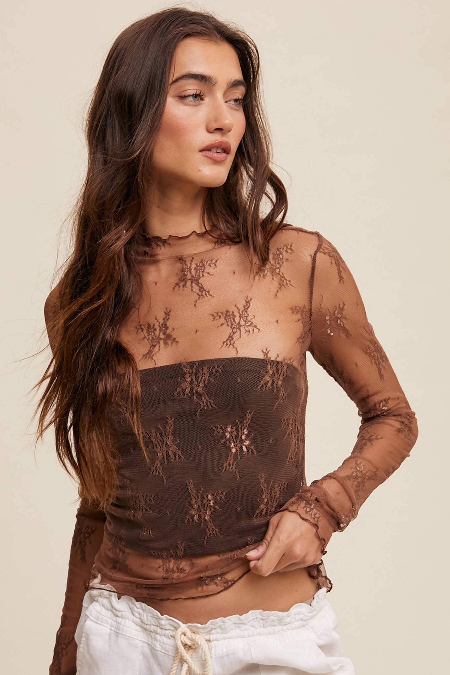 Sheer Lace Long-Sleeve Top