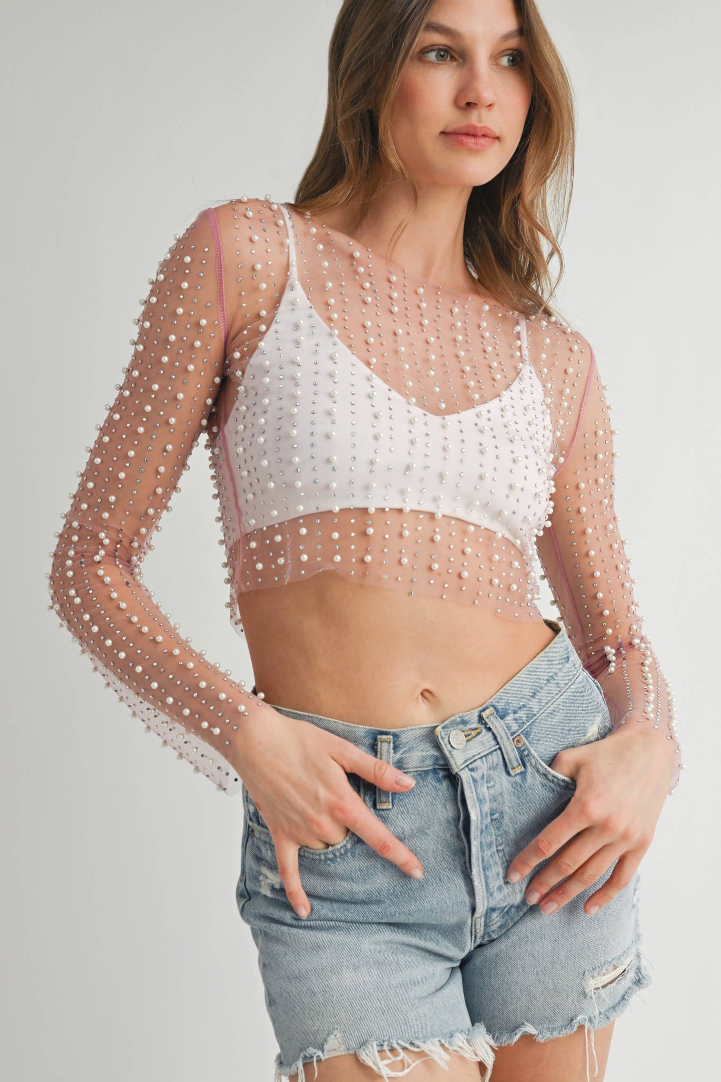 Pearl Mesh Long Sleeve Top