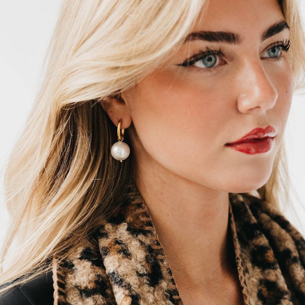 Drop Pearl Huggie Hoop Earrings