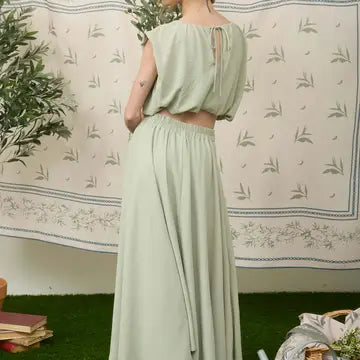 Ballon crop Pleated Midi Skirt Set