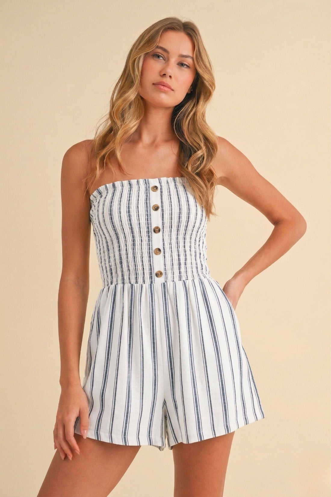 Striped Strapless Button Detail Romper
