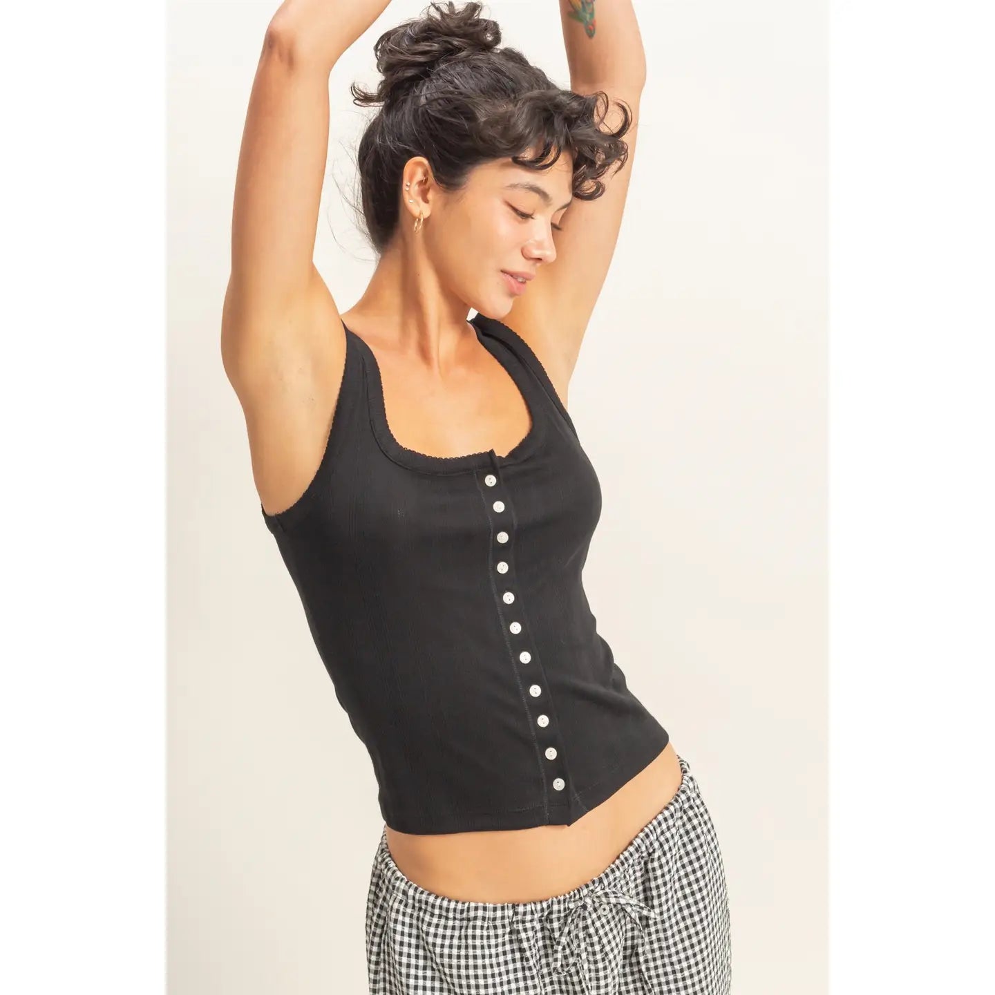Pointelle Button Front Scoop Neck Tank Top