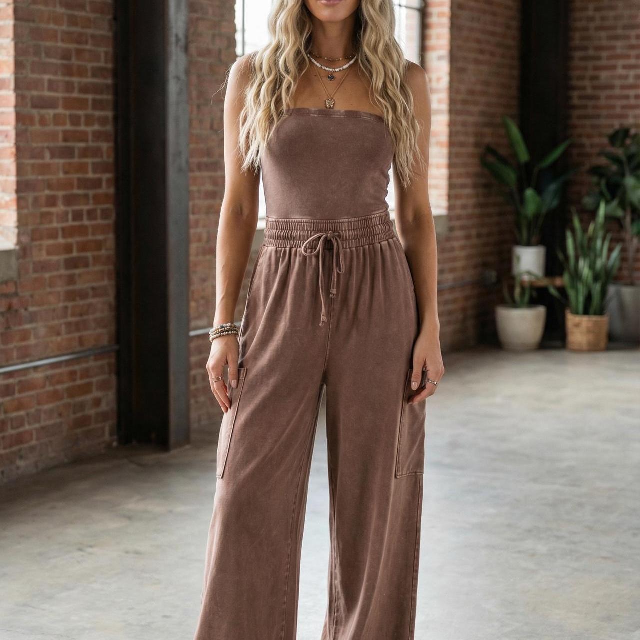 Mineral Wash Strapless Wide-Leg Jumpsuit