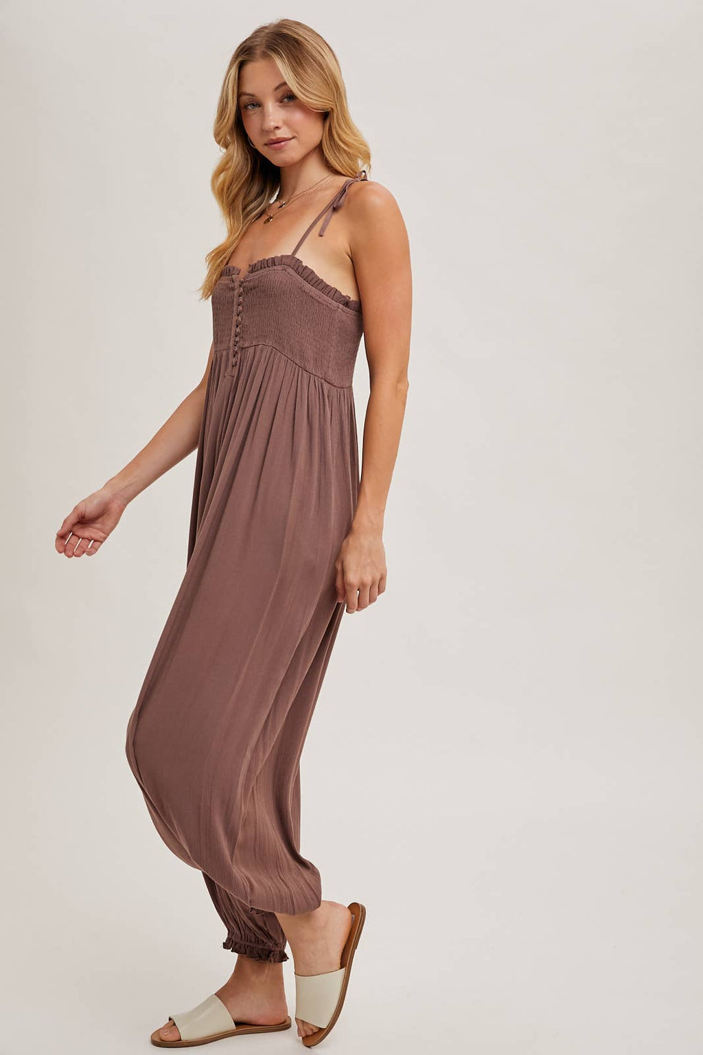 Gauze Smocked Front Button Jumpsuit