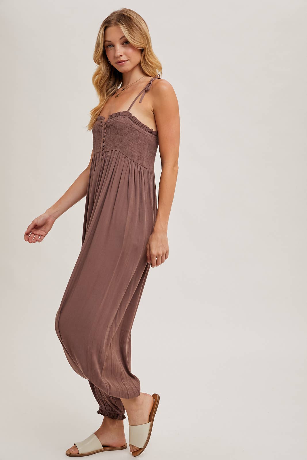 Gauze Smocked Front Button Jumpsuit