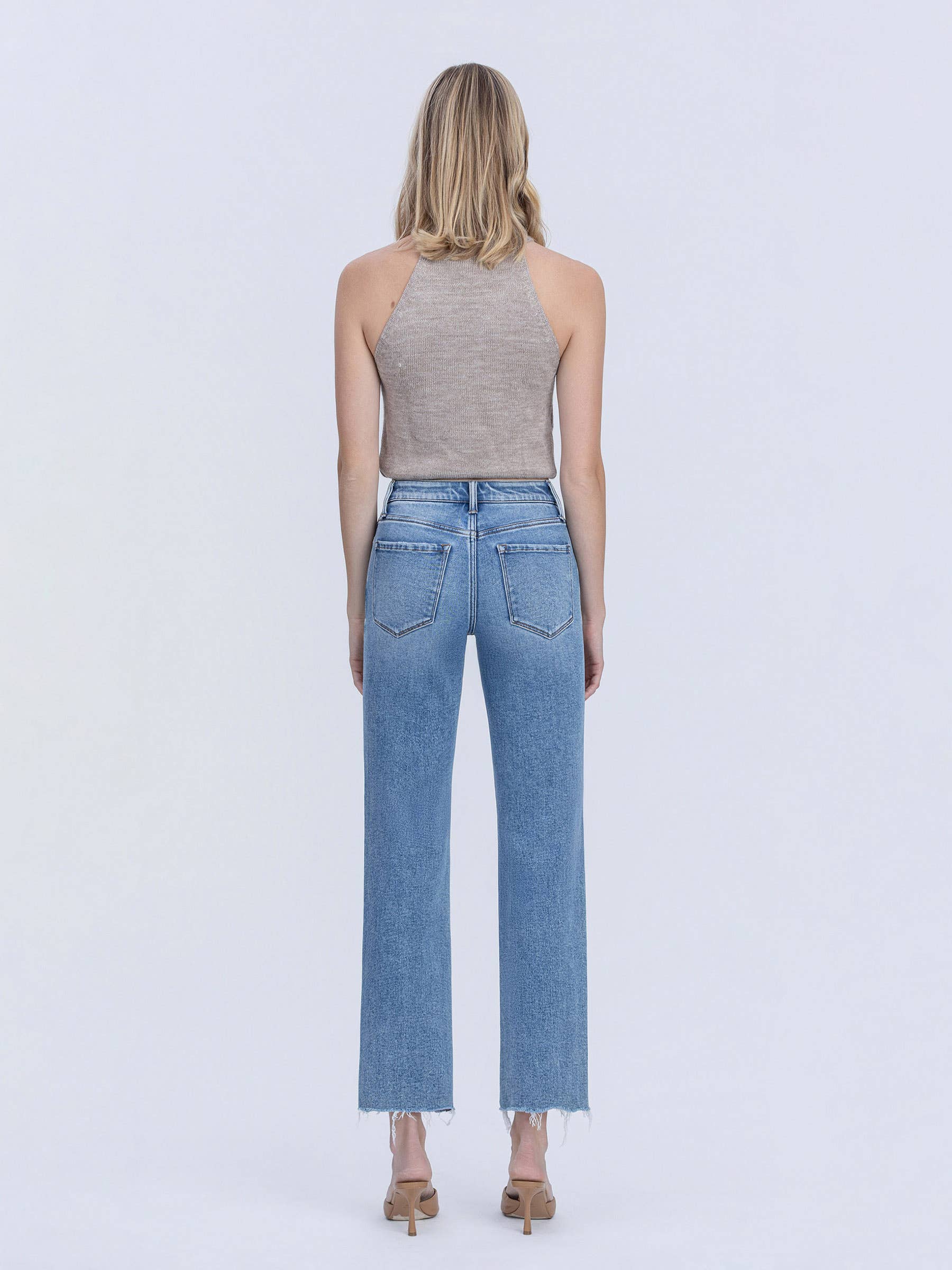 HIGH RISE DISTRESSED DETAIL ANKLE STRAIGHT JEANS