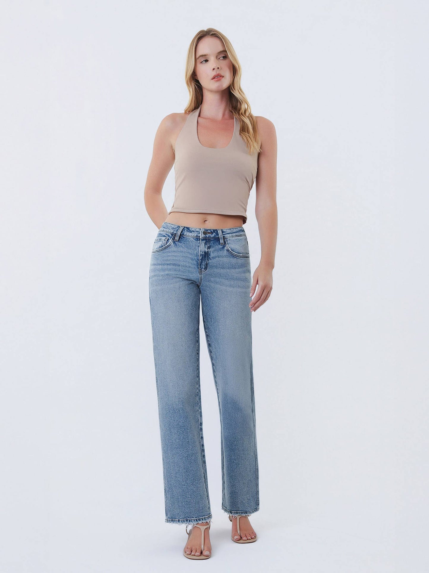 Mid Rise Medium Wash Slim Wide Jeans