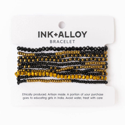 Game Day Beaded 10 Strand Stretch Bracelet Set Black + Gold