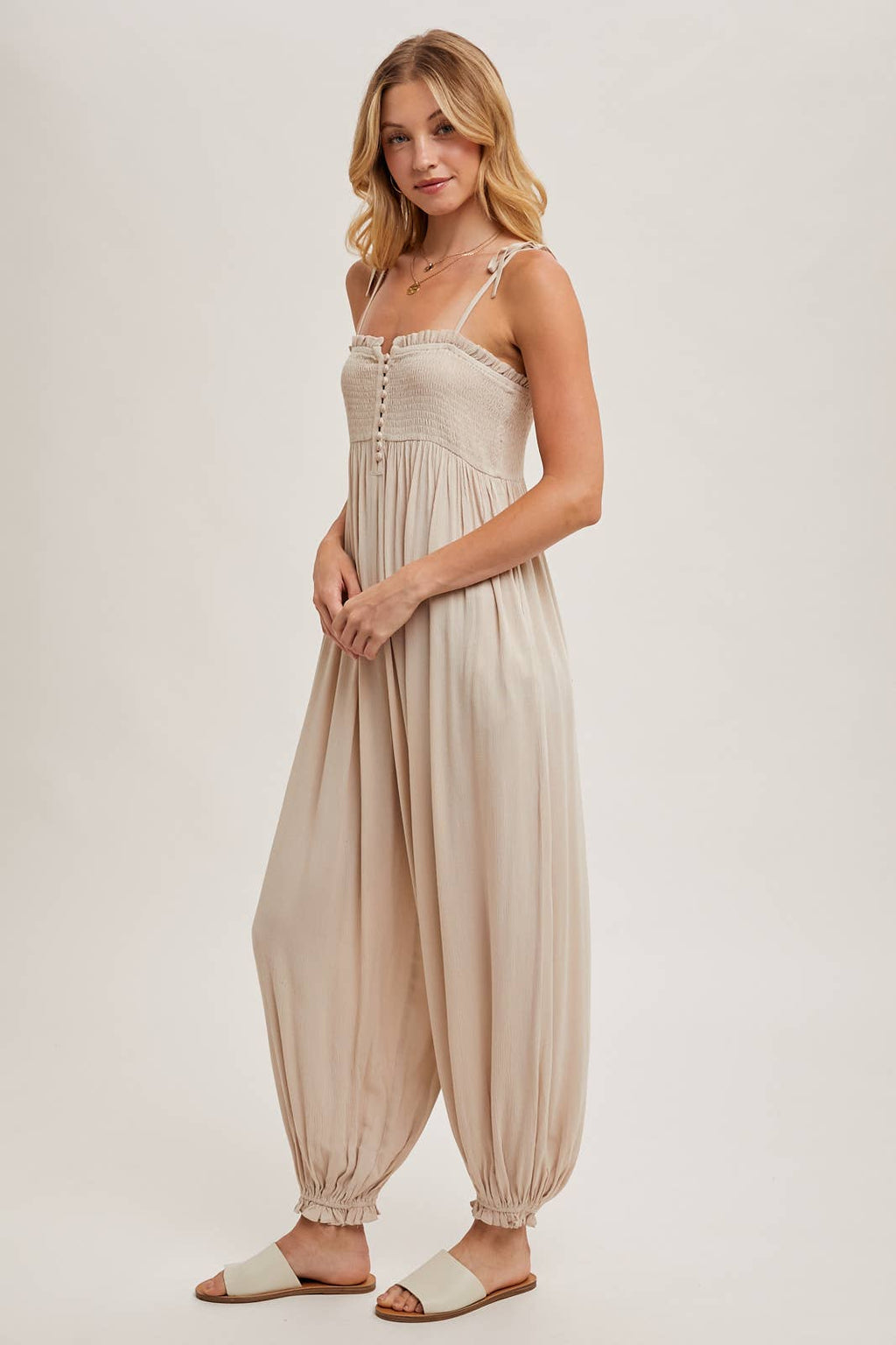 Gauze Smocked Front Button Jumpsuit