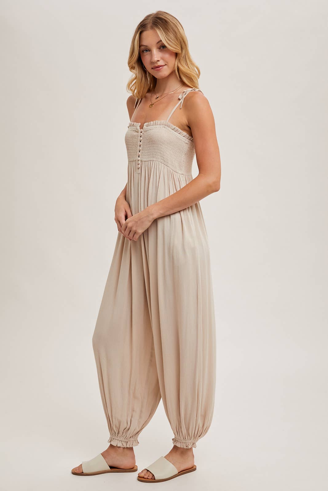 Gauze Smocked Front Button Jumpsuit