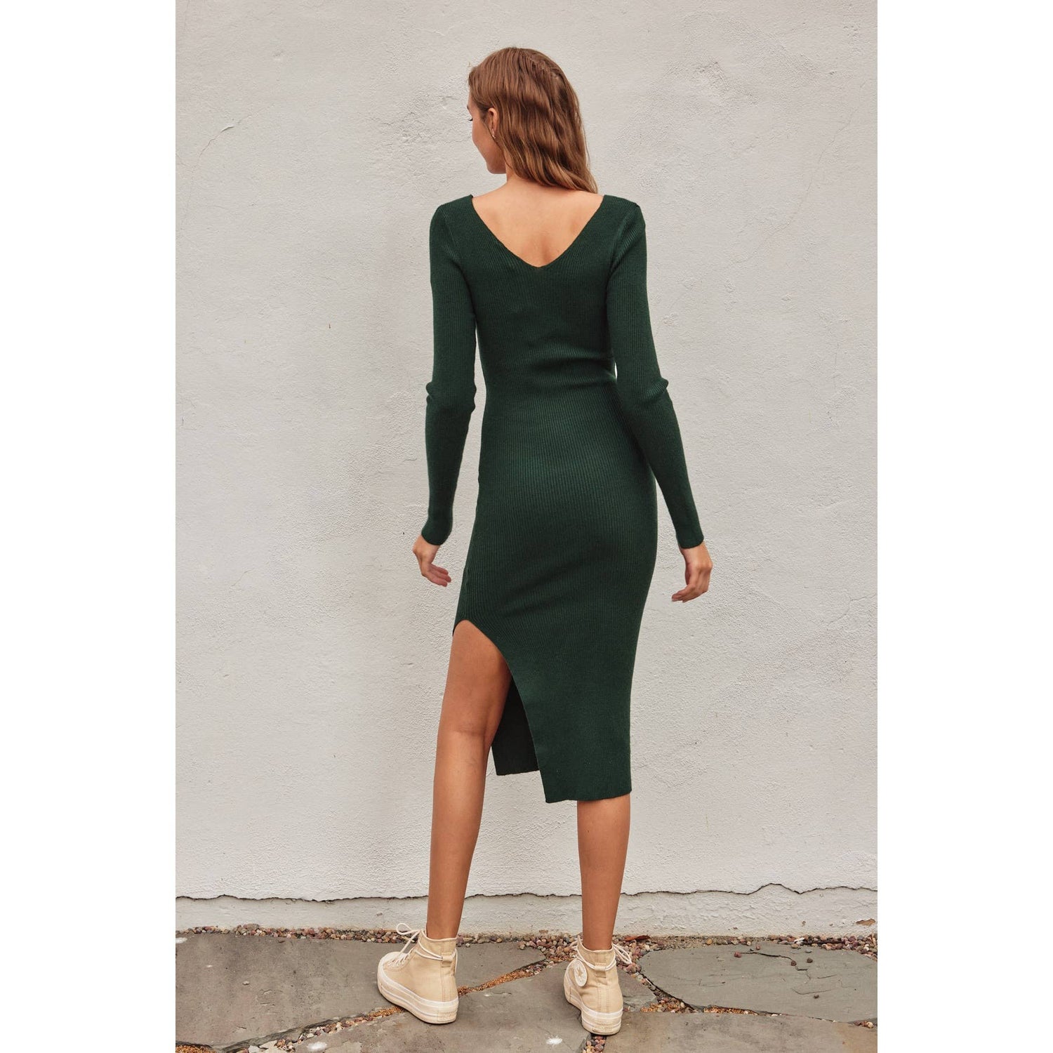 V Neck Slit Midi Sweater Dress