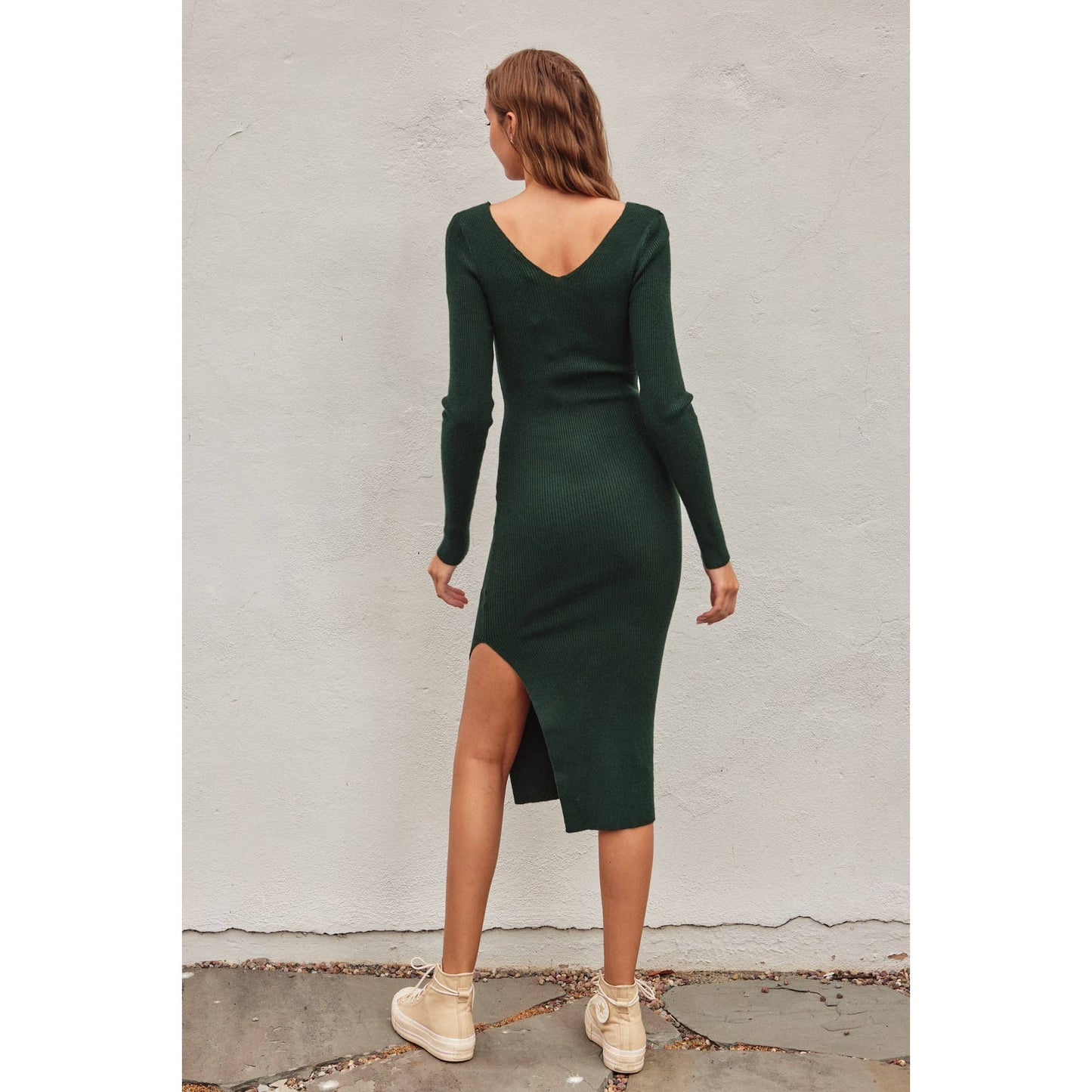 V Neck Slit Midi Sweater Dress