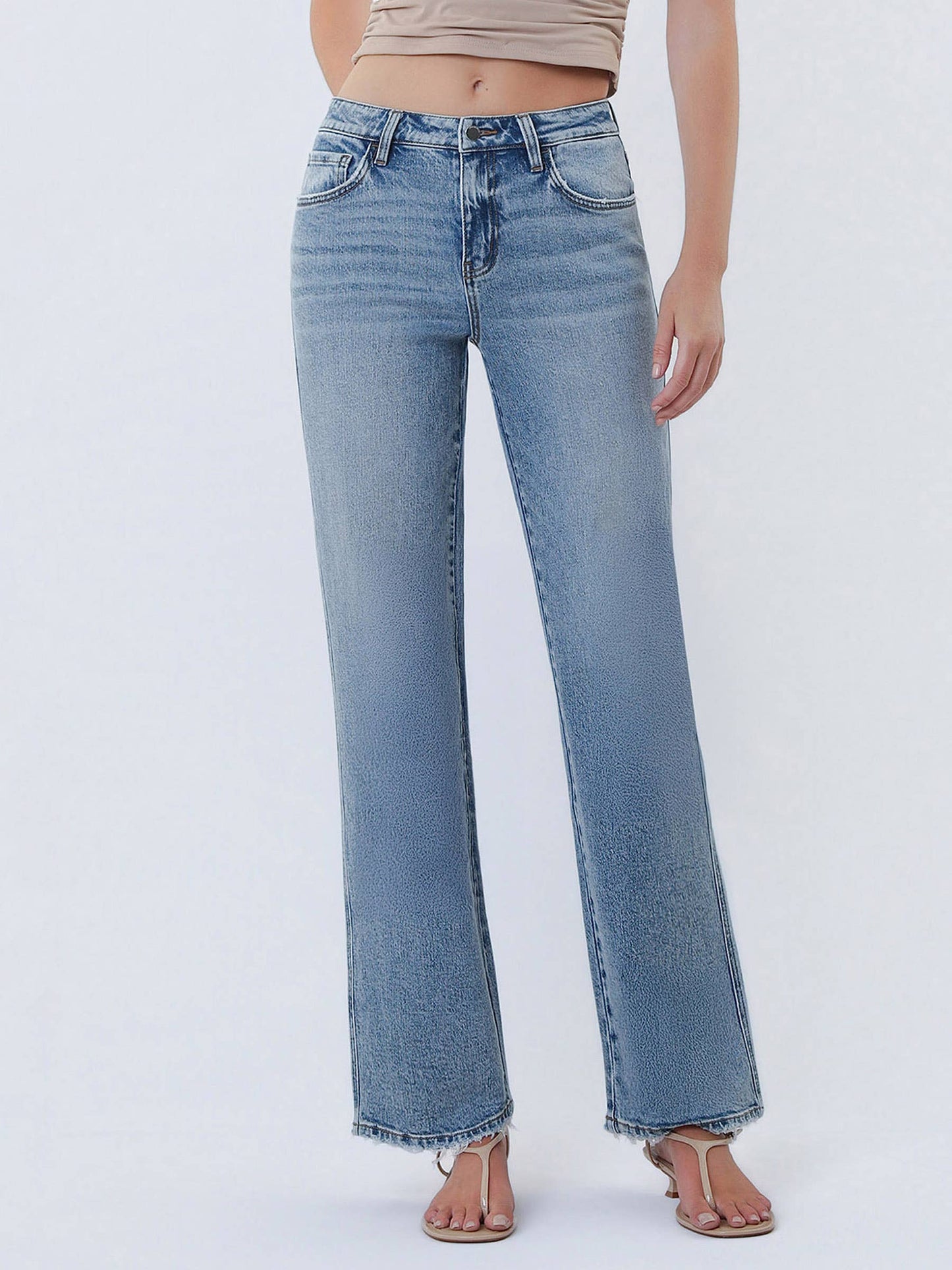 Mid Rise Medium Wash Slim Wide Jeans