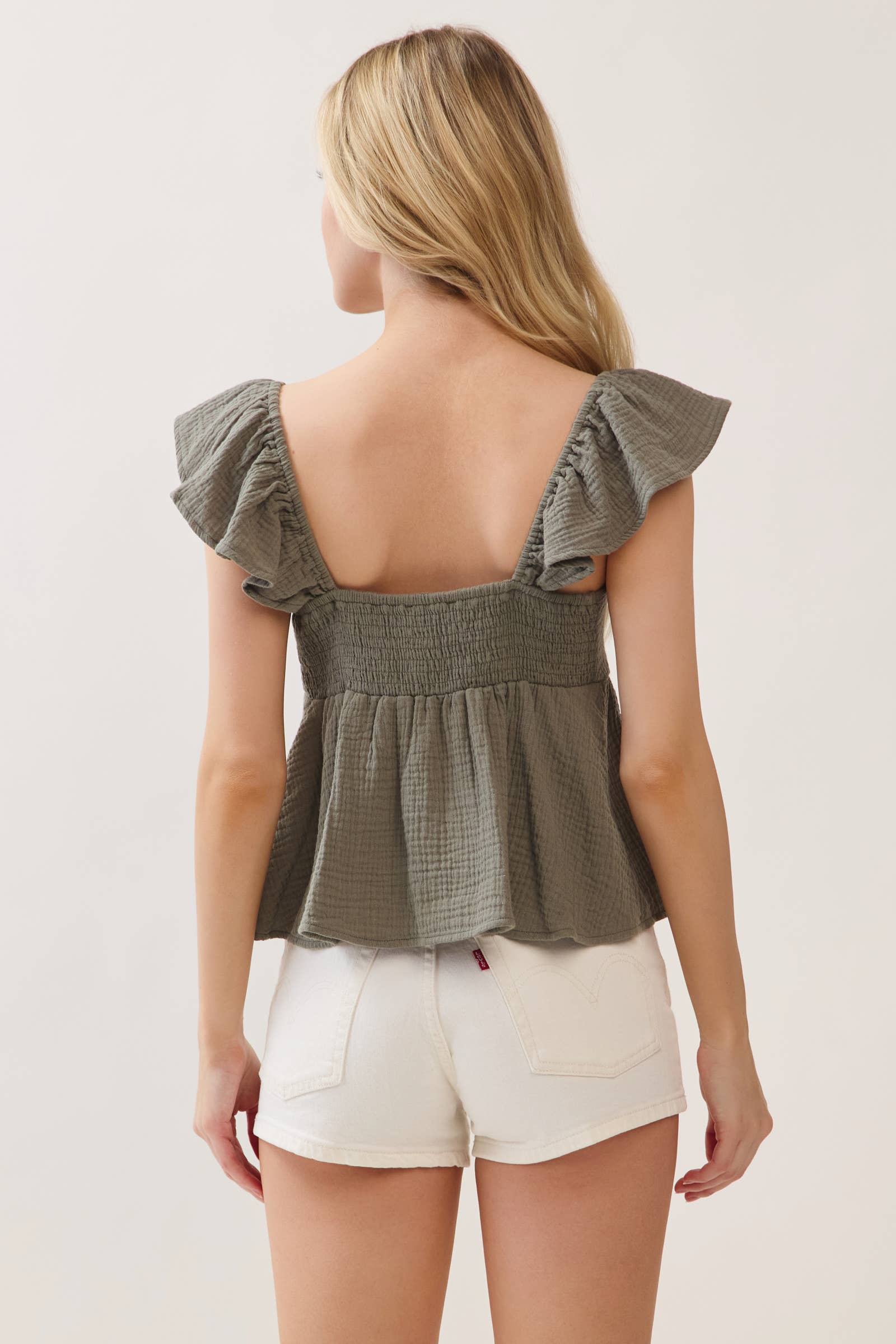 Double Gauze Sleeve Ruffled Babydoll Top