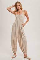 Gauze Smocked Front Button Jumpsuit