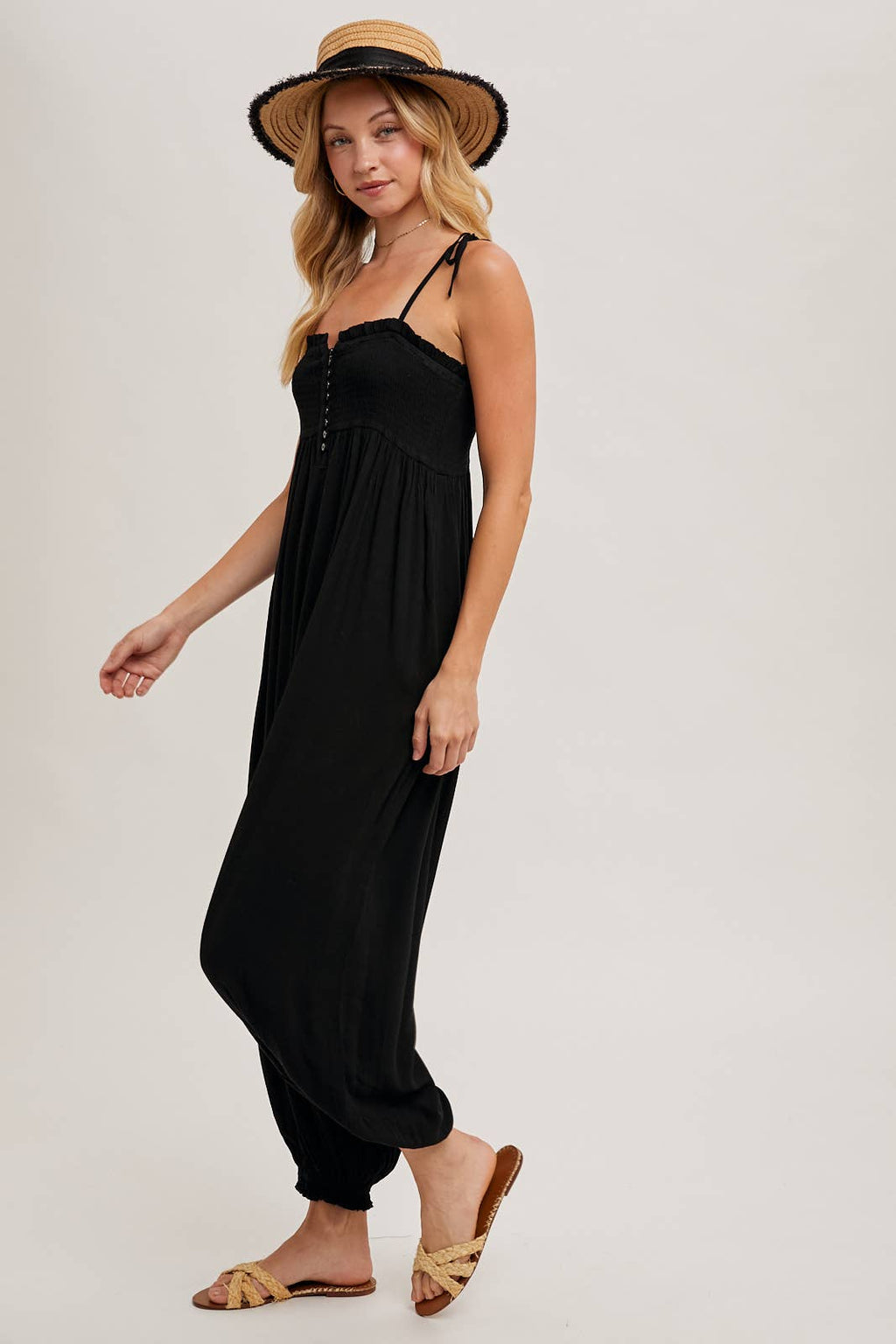 Gauze Smocked Front Button Jumpsuit